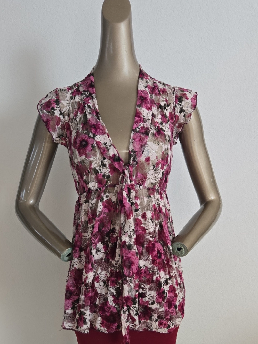 Floral Tie-Front Sheer Blouse in Magenta and White